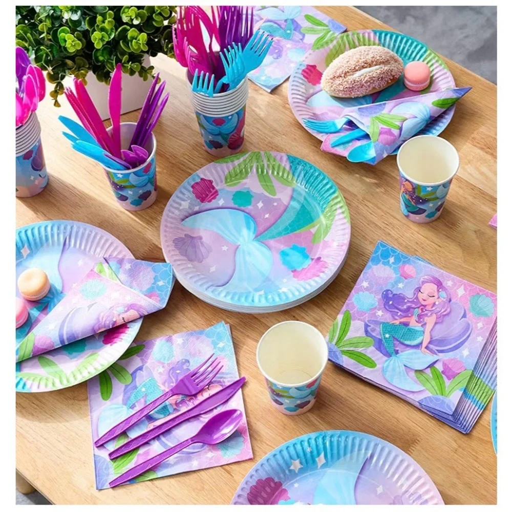 145 Pc Mermaid Birthday Party Supplies with Banner, 24 Serves Tableware Set, New